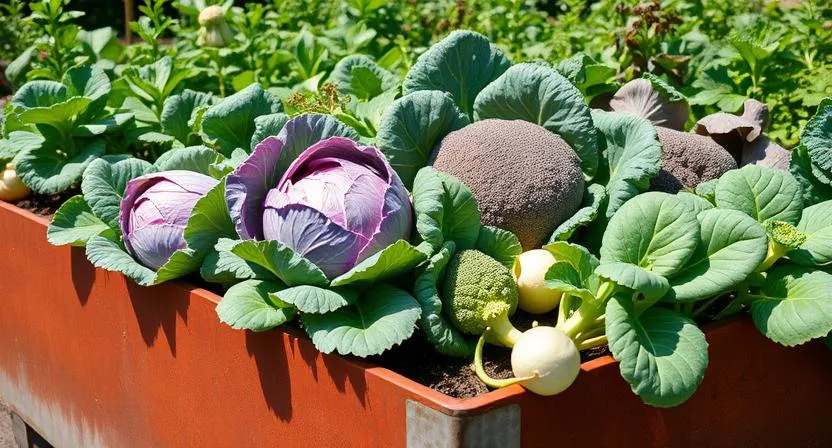 Ein Cortenstahl-Hochbeet mit verschiedenen Brassica-Gemüsesorten wie Kohl, Brokkoli und Kohlrabi, die zusammen wachsen. Gesunde grüne Blätter, natürliches Sonnenlicht, mittlere Aufnahme.